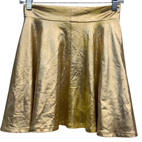 Shiny Metallic wet look flared mini Skater skirt Gold SZ XS - Picture 2 of 6